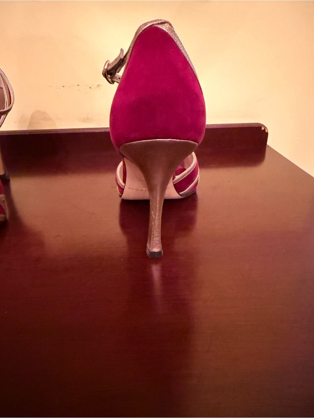 Brian Atwood Gold Strappy Heels with Red Footbed - Picture 4 of 5
